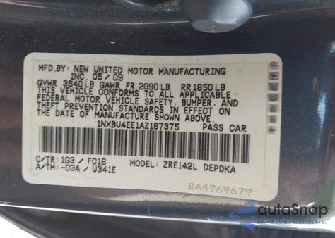 2010 Toyota Corolla Le from USA, damaged, VIN 1NXBU4EE1AZ187375